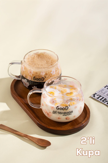 Porsima 2089-1 Set of 2 Borosilicate Heat and Fire Resistant Glass Tea Cup with Handle Coffee Cup Mug Pink 400 ml