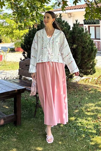 Ceylan Otantik Pink Ribbon Detail 2 Bow Jacket & Soft Pink Balloon Skirt Set