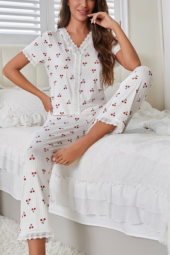 Merry See Set de pijamale cu mânecă scurtă din țesătură tricotată personalizată din dantelă cu imprimeu cireș