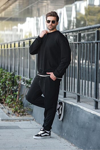 Madmext Μαύρο Crew Neck Basic Ανδρικό Σετ Φόρμας E7323