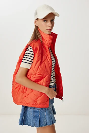 Happiness İstanbul Women's Orange Zipper Stand Collar Puffer Vest Mx00255