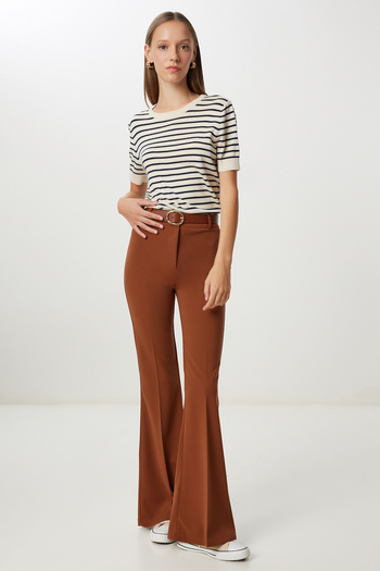 Happiness İstanbul Women's Tan Spanish Leg Woven Trousers Yp00121