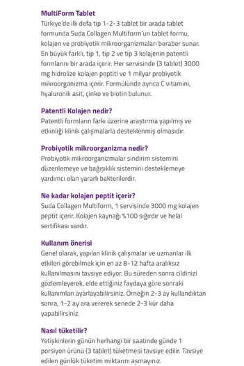 Suda Collagen Multiform Tablet - Tip I-II-III - C Vitamini, Hyaluronik Asit, Çinko, Biotin, Probiyotik | 90 Tablet