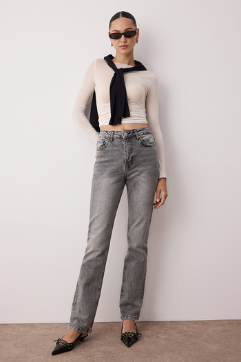 Trendyol Collection Anthracite High Waist Flare Jeans Twoaw23Je00657
