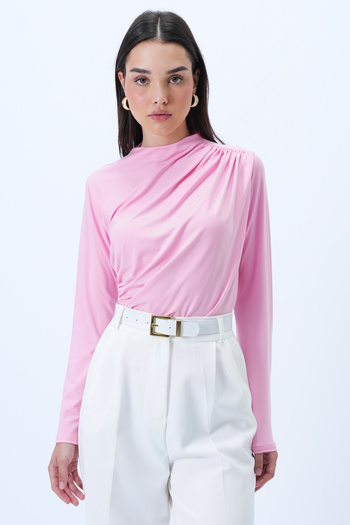 Trend Alaçatı Stili Women's Powder Stand Collar Shoulder Draped Sandy Crop Blouse Alc-X9554