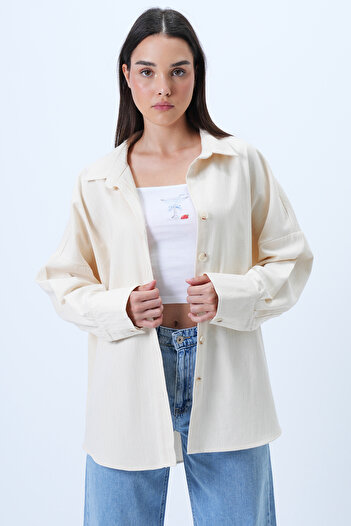 Trend Alaçatı Stili Kadın Krem Armürlü Geniş Manşetli Gabardin Gömlek Ceket ALC-X14326
