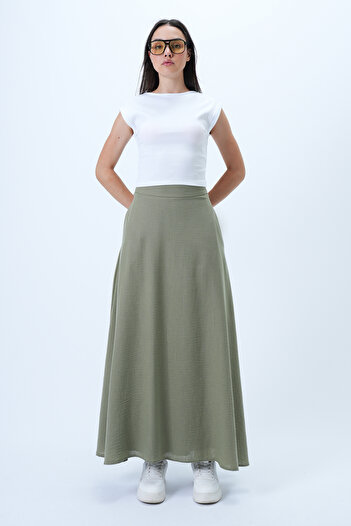Trend Alaçatı Stili Women's Khaki Lined Double Pocket Hidden Zipper Woven Flared Skirt Alc-X14327