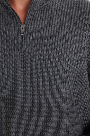 Tudors Erkek Slim Fit Dar Kesim Fermuarlı Gri Dik Yaka Triko Kazak