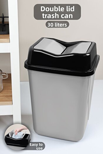 Meleni Home 30 Liter Double Lid Plastic Trash Can - Home Office Bathroom Kitchen Trash Can Gray