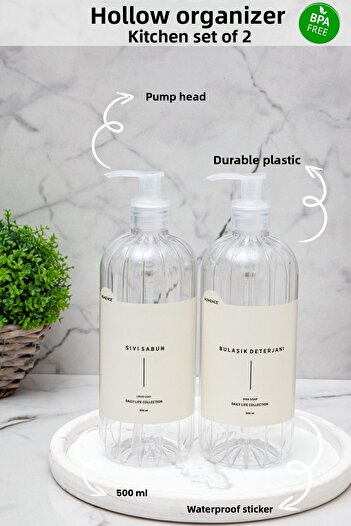 homence 2-Piece Dishwashing Liquid and Liquid Soap Label Plastic Bottle Kitchen Set Transparent Soap Dispenser 500 ml