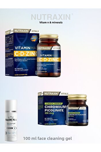 Nutraxin Vitamin Max C-D-Zinc 60 Tablets & Chromium Picolinate - Chrome Supplement / 100 ml Facial Cleansing Gel
