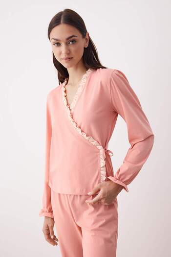 Trendyol Collection Salmon 100% Cotton Ruffled Double Breasted Collar Knitted Pajama Set Thmaw26Pt00002