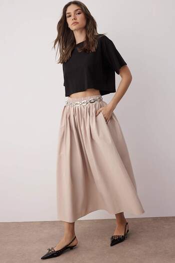 Trendyol Collection Beige Flared Maxi Elastic Waist Skirt Twoss25Et00017