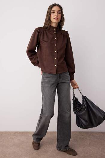 Trendyol Collection Dark Brown Button Detailed Suede Thin Shirt Jacket Twoaw26Ce00030