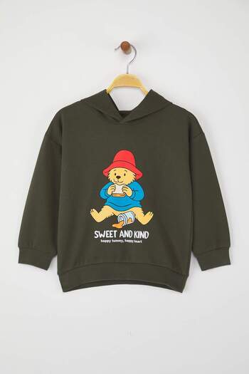 TRENDYOLKIDS Smaragdgrünes, bedrucktes Oversize-Strick-Sweatshirt mit Kapuze aus 100 % Baumwolle für Jungen TKDAW26SW00006
