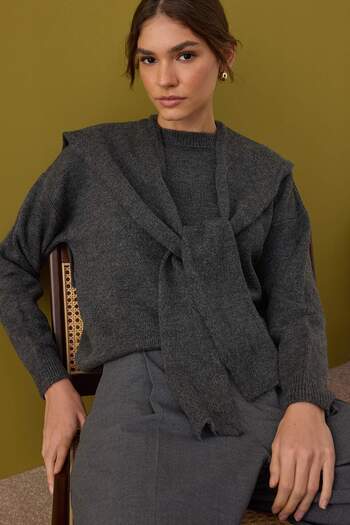 Trendyol Collection Anthracite Soft Textured Wide Fit Shawl Detailed Knitwear Sweater Twoaw26Kz00166