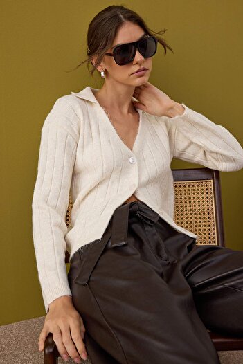 Trendyol Collection Wardrobe Essentials Ecru Wool Basic Polo Neck Knitwear Cardigan |   Twoaw26Hi00084 ​​