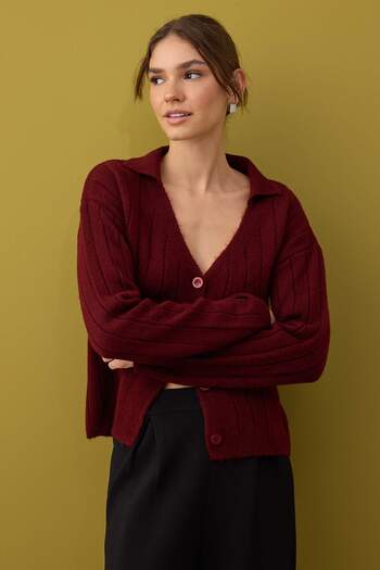 Trendyol Collection Burgundy Wool Basic Polo Neck Knitwear Cardigan |   Twoaw26Hi00084 ​​