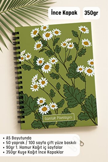 Eldesen Tasarım Daily Planner A5 Notebook, Notes, to Do, Flexible Cardboard Cover, 100 Days, Green Daisy