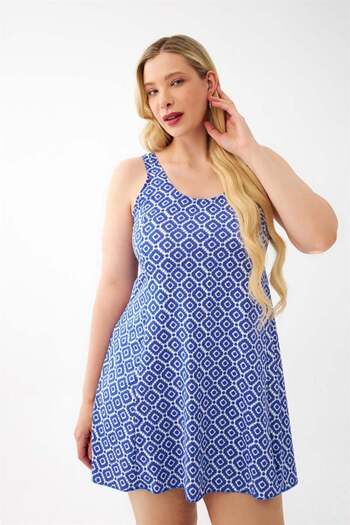 modaserdem Mdsrdm Women's Blue Patterned Plus Size Dress Swimsuit