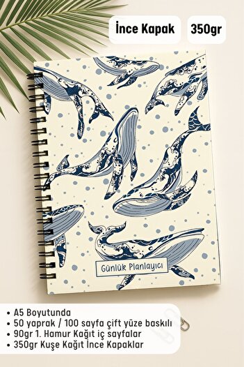 Eldesen Tasarım Daily Planner A5 Notebook, Notes, to Do, Flexible Cardboard Cover, 100 Days, Whales