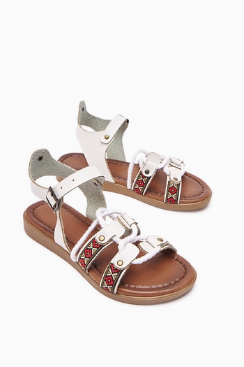 Limoya Genuine Leather Sohna White Women's Sandals with Authentic Embroidery Detail