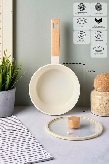 Perotti Cookwood Beige Induction Base Ceramic Pot with Wooden Handle and Lid 18 cm