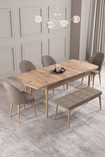 asaella mobilya Calvin Atlantik 80x132 Açılabilir Mdf Masa Yemek Odası Takımı, Mutfak Takımı 4 Sandalye, 1 Bench