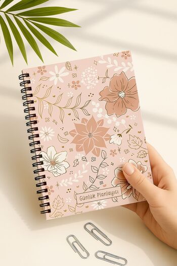 Eldesen Tasarım Daily Planner A5 Notebook, Notes, to Do, Flexible Cardboard Cover, 100 Days, Gold Floral