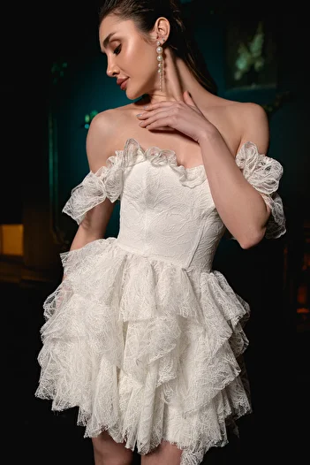 Gira official White Sequined Lace Off Shoulder Mini Dress