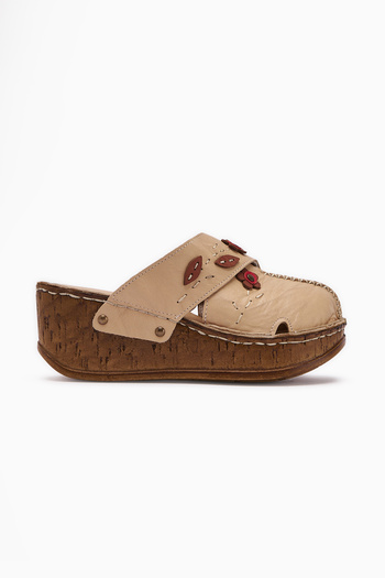 Limoya Γνήσιο δέρμα Alto Beige Wedge Γυναικείες Παντόφλες Αντίκες Σόλα Comfort Γυναικείες Παντόφλες