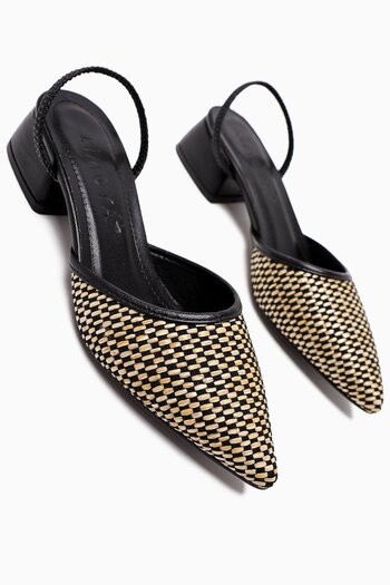 Limoya Rosa Black Pointed Toe Straw Short Heeled Women's Sandals