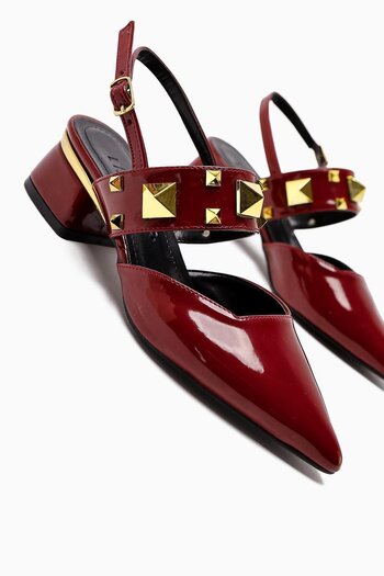 Limoya Nicoline Burgundy Patent Leather Pointed Toe Pyramid Studded Thick Strap Short Heeled Women's Shoes