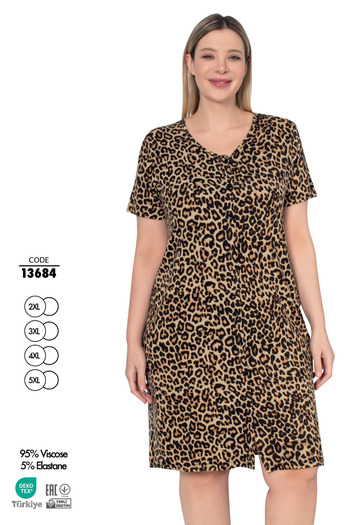Cotpark Women's Large Size Viscose Combed Fabric Leopard Patterned Nightgown 13684