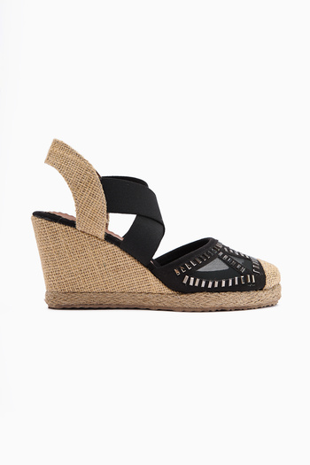 Limoya Meliza Black Elastic Straw Sole Heeled Women's Sandals