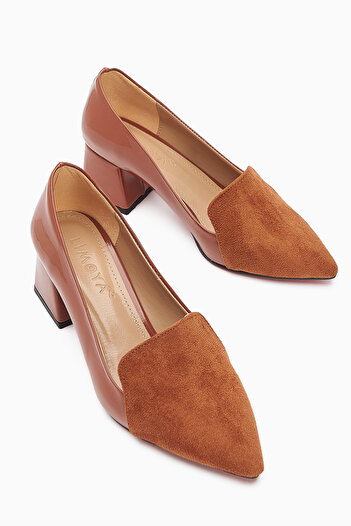 Limoya Gisela Tan Suede Detailed Patent Leather Heeled Women's Shoes