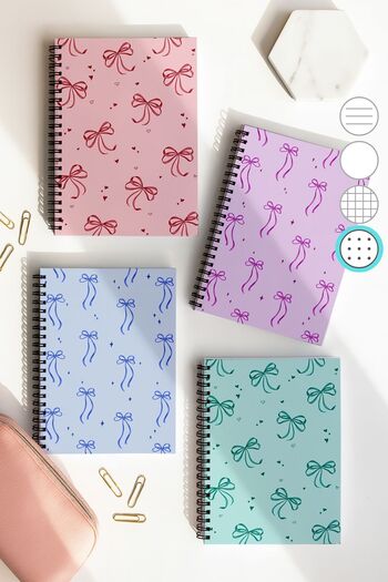 Eldesen Tasarım Spiral Dotted School Notebook Set, A5 / 50 Sheets 100 Sheets Set of 4, Bow Set