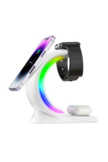 VENTLEX 3 in 1 RGB Wireless Charger Type Charging Station for Phone, Watch and Headphones, Fast Charge 15W White