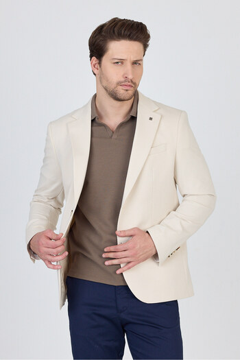 Frappoli 3115 Men's Light Beige Flexible Lycra Cotton Blended Slim Fit Spring-Summer Sports Blazer Jacket