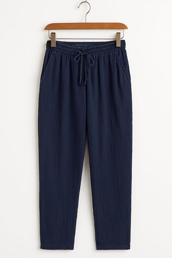 enmodaiçgiyim Pantaloni de damă din țesătură muselină din bumbac 100% albastru bleumarin – pantaloni casual cu picioare înguste, buzunare, model confortabil