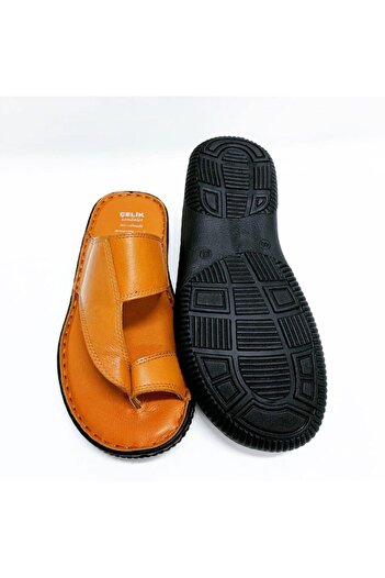 Çelik Men's Tan Genuine Leather Flip Flops
