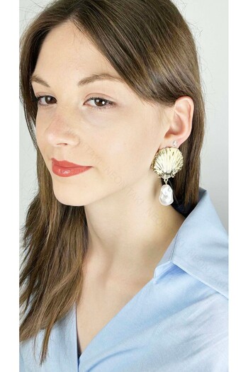Neon Takı by Atalay Oyster Earring with Sensitivity Tag and Pearl Detail 637, Gold Color