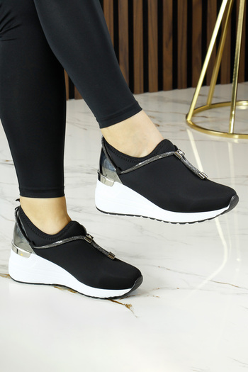 Erkan Saçmacı Ellie Platinum Stretch Chain Stone Buckle Metal Detailed Wedge Heeled Casual Shoes