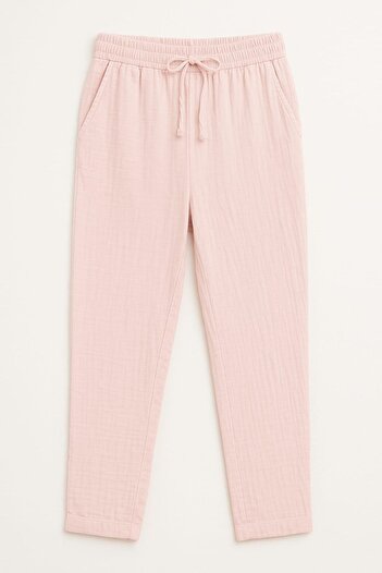 enmodaiçgiyim Light Pink 100% Cotton Muslin Fabric Women's Trousers – Narrow Leg, Pockets, Comfortable Fit Casual Trousers