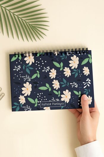 Eldesen Tasarım Weekly Planner A5 Notebook with Flexible Thin Cardboard Cover, 1 Year Planner, White Floral