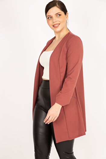 Şans Women's Dried Rose Large Size Ornamental Zipper Pocket Unlined Jacket 65n36071