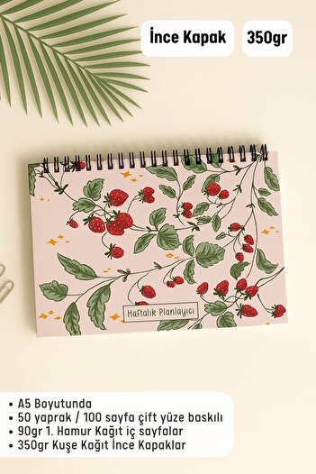 Eldesen Tasarım Haftalık Planlayıcı A5 Defter, Esnek İnce Karton Kapaklı, 1 Yıllık Planlayıcı, Pembe Çilek