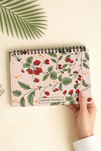 Eldesen Tasarım Weekly Planner A5 Notebook with Flexible Thin Cardboard Cover, 1 Year Planner, Pink Strawberry