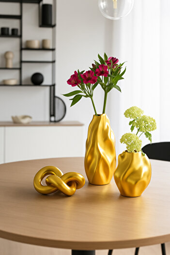 Lui Tasarım Gold Color Ceramic Vase Set of 2 Wave Pattern Elegant Bohemian