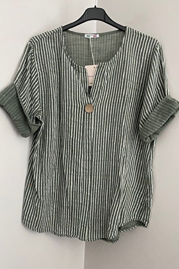 AYASOFYA OTANTIK Women's Italian Khaki Striped 3/4 Sleeve Oversize Loose 100% Cotton Blouse Tunic